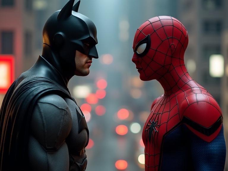 Dynamic conversation between Batman and Spider-Man. Both superheroes face each other in a city setting. Intense expressions exchanged. Urban backdrop with blurred city lights.