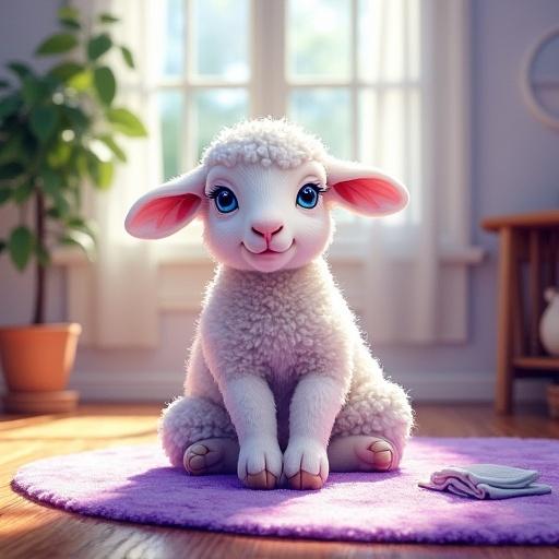 High-resolution watercolor painting of a fluffy lamb doing yoga on a rug in a sunny room. Lamb stretches forward with sparkling blue eyes. Room has wooden floors and a potted plant. Morning light creates shadows. Vivid colors capture freshness of a new day.