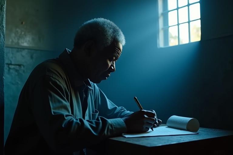 A freezing cell on Robben Island at dawn. A black man in his mid-50s with graying hair in a prison uniform squints while writing on toilet paper. Blue light from a high barred window illuminates his hands.