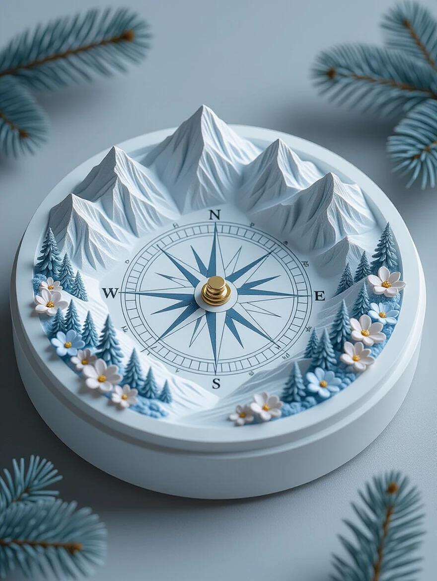 A white circular compass crafted with precision. Three-dimensional mountains and forests are sculpted from a soft, matte white material. Sandy-blue mountain ranges are present. The compass rose shows cardinal directions. The composition is centered and illuminated with soft light. The monochromatic color palette emphasizes tactile quality. The minimalist architectural style evokes precision and craftsmanship. The mood is calm and contemplative, viewed from an elevated angle. The artwork resembles origami and paper with geometric shapes.