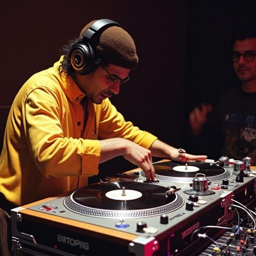 DJ Yasmin Bazzi performing at the 1992 Ortofon World DJ Mixing Championships. Exciting turntable tricks on two closely positioned turntables. Mixer is located on the right. High energy performance with rapid cuts and mixing.
