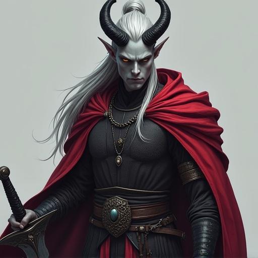 Tall tiefling male character with ash-gray skin and amber eyes. Silver hair in a ponytail with sleek black horns. Wears chainmail and ash-red cloak. Holds a black longsword and shield. Grey background enhances details.