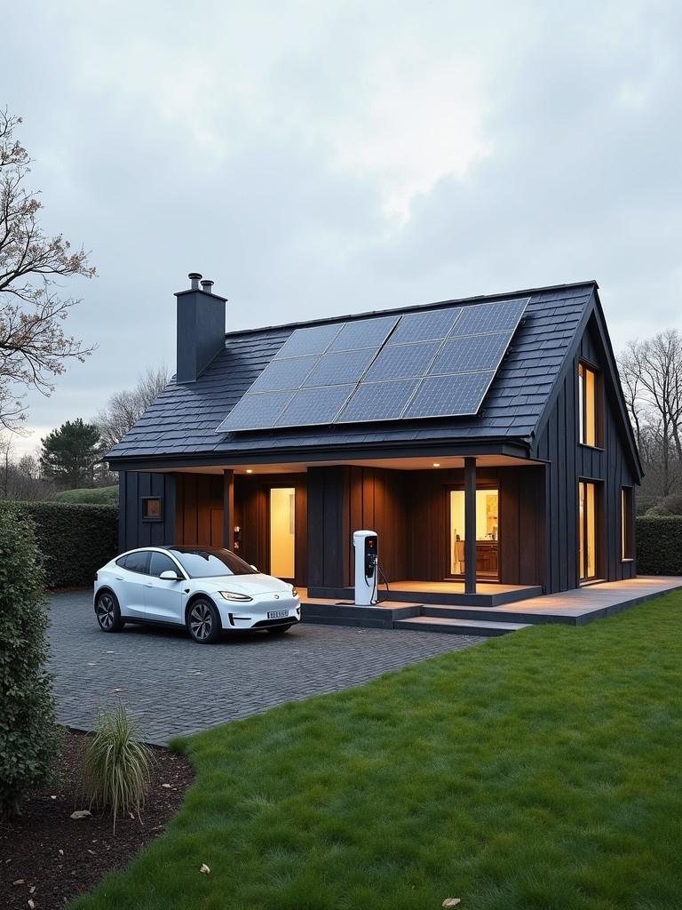 Luxury home in Ireland equipped with solar panels by the roof. Electric vehicle charger is on the driveway beside the car. The setting appears in January with a soft dusk light.