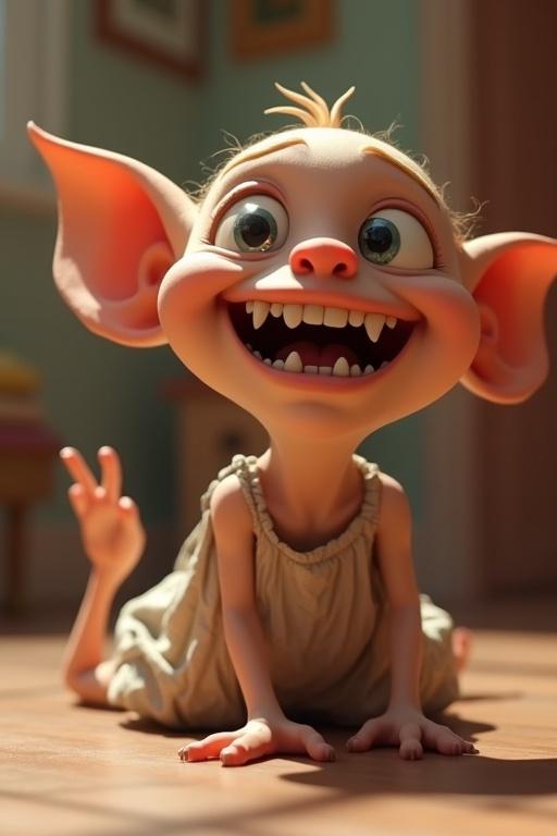 A 3D cartoon humanoid creature with oversized eyes huge ears and sharp teeth lying on the floor kicking its legs wearing a wrinkled party dress smirking mischievously exaggerated cartoon expression