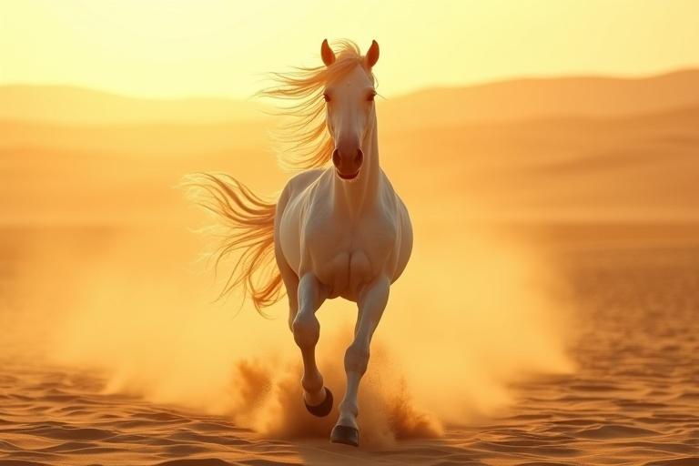 Majestic white Arabian horse gallops powerfully across golden desert. Mane and tail flow wildly in the wind. Sun blazes overhead with long shadows on dunes. Sand kicks up beneath hooves in motion. Background shows endless dunes and heat haze. No humans present, focus on horse's energy. Camera positioned low from front-right angle, slightly upward for heroic perspective. Dramatic atmosphere with movement and desert wind.