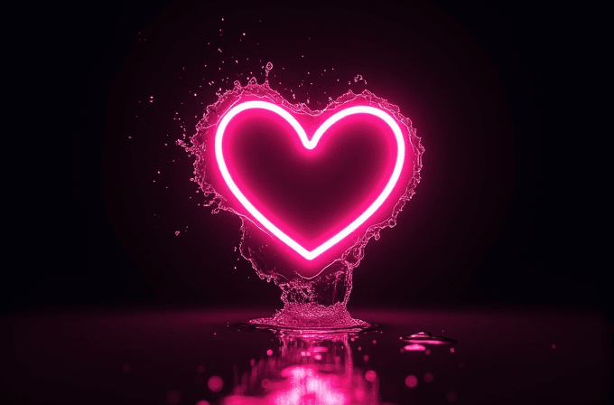 A vibrant pink neon heart is surrounded by a splash effect on a dark background.