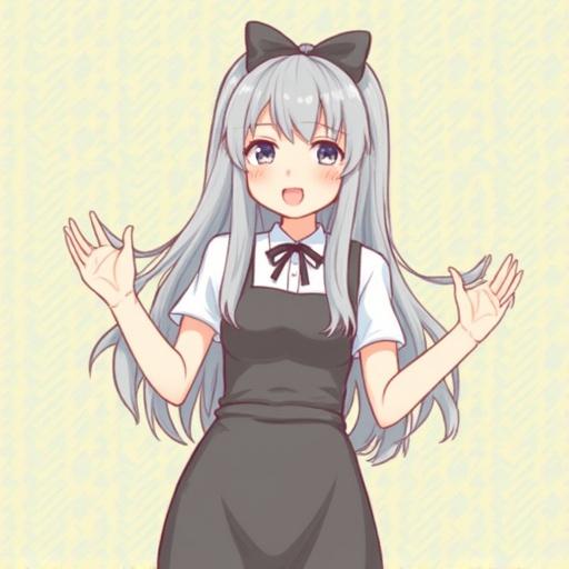 Anime character wearing a dress shows a cheerful pose with hands raised.