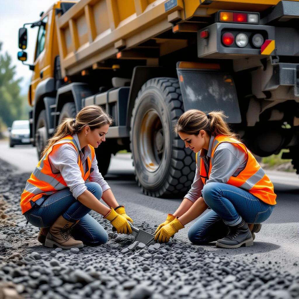 Two women performing road repair work on a construction site. They wear safety vests and gloves. They are focused on laying stones. A large yellow construction truck is parked in the background. The scene takes place on a sunny day.