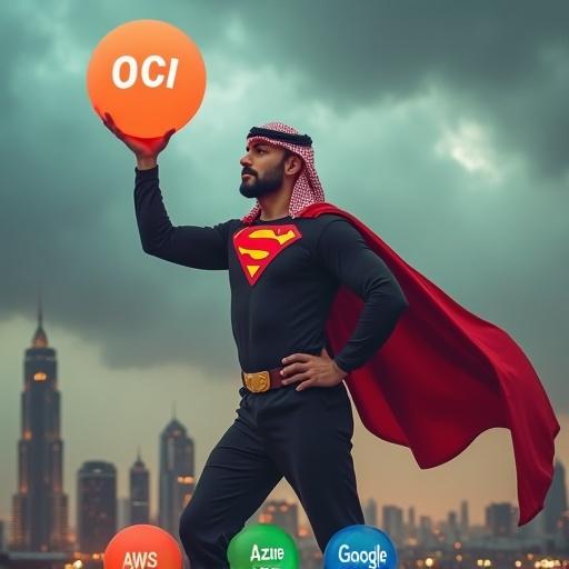 Superhero with Saudi style wears oracle logo on chest. Raises ball with OCI. Under shoes, three balls labeled AWS, Azure, Google. Heavy clouds background with Riyadh city skyline.