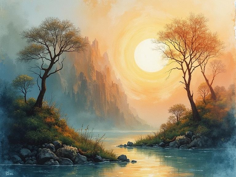 A serene landscape with a glowing sunset over a calm river. Silhouetted trees on either side of the water. Mountains in the background. Gentle mist and warm colors create a peaceful atmosphere.