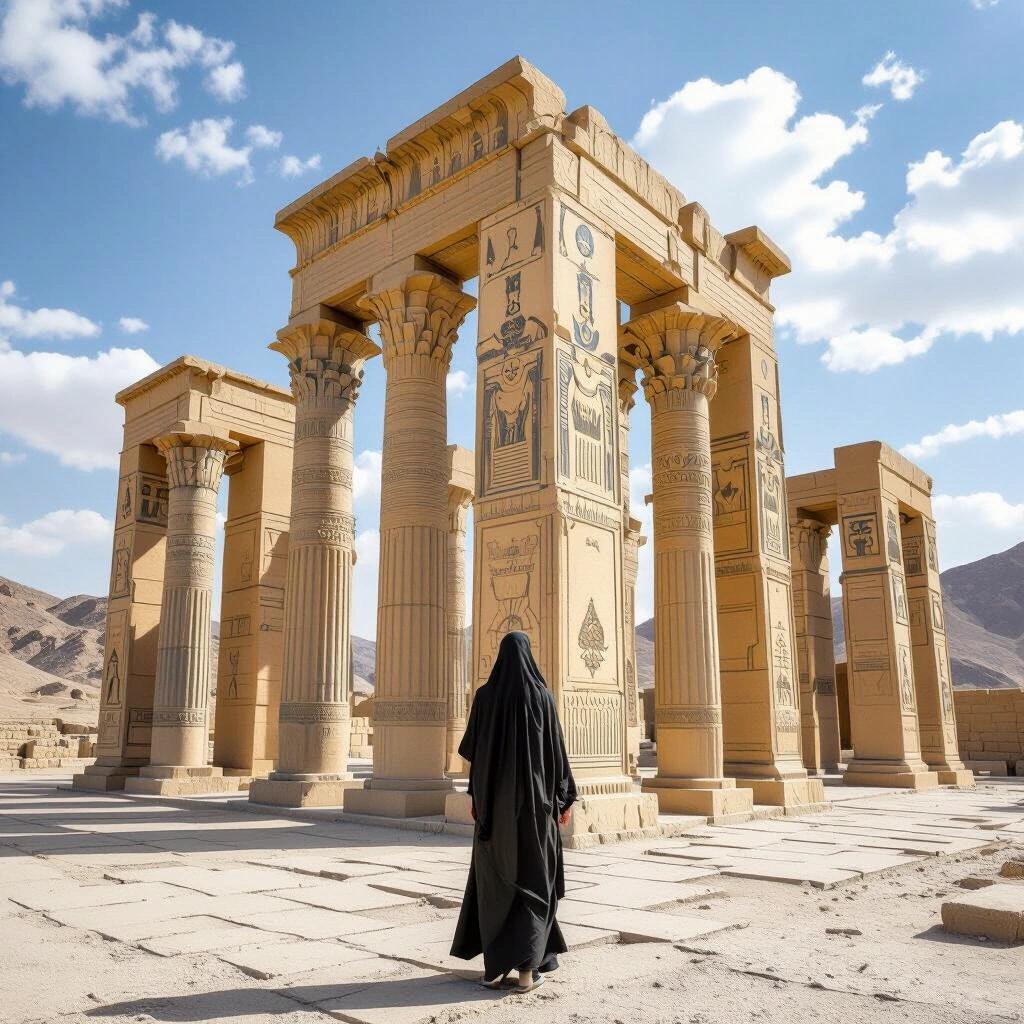 Realistic image showing the ruins of Persepolis with a person in a black cloak standing in front of the ancient columns under a clear sky. The columns are decorated with hieroglyphs and the surrounding mountains can be seen in the background.