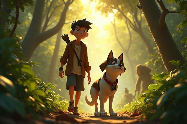 Ajoy is a boy with sharp eyes wearing a brown jacket. Tuku is a white-and-brown dog with a red collar. They navigate a jungle path. Sunlight filters through trees revealing hidden traps. A shadowy figure lurks in the background. The scene is in a vibrant animated style.