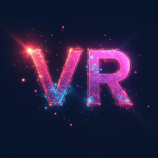 Logo design featuring two letters VR. Letters are colorful and fused together with a cosmic sparkly effect.