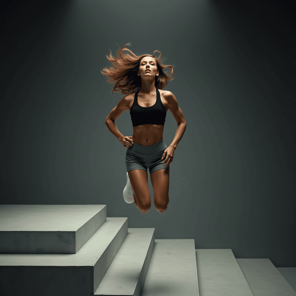 A woman in athletic wear, captured mid-air while leaping down staircase steps, exuding strength and energy.