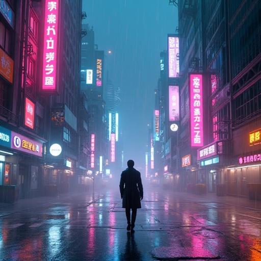 Breathtaking cyberpunk city at night. Drenched in rain. Towering neon-lit skyscrapers reflect off wet streets. Glowing holographic advertisements in Japanese and English flicker. Futuristic flying cars zoom between buildings. Moody yet vibrant atmosphere. Mix of deep blues and electric purples. Hot pink accents. Lone figure in high-tech trench coat walks through. Silhouette illuminated by neon signs. Ultra-detailed cinematic style.