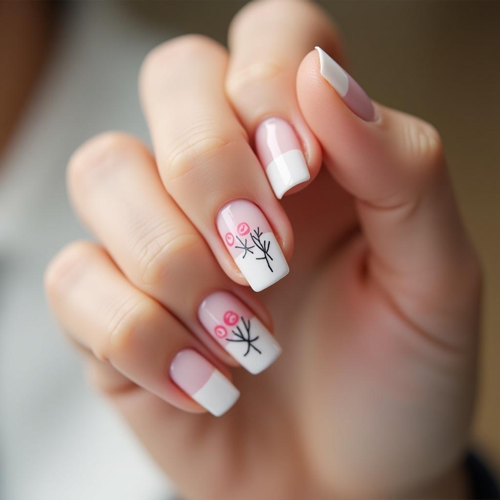 Close-up of a manicured hand showing cute nail art. Nails are designed with pink flowers and have a white French tip. Soft, natural lighting enhances the details.