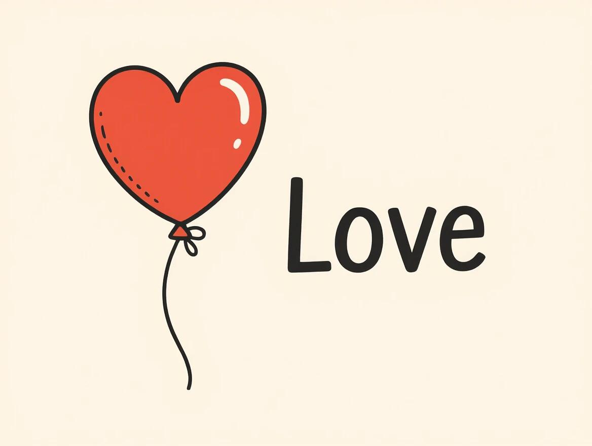 Minimalist illustration of red heart-shaped balloon tied to a string. Word Love written in simple handwritten font below the balloon. Plain off-white background. Soft Valentine's Day style.