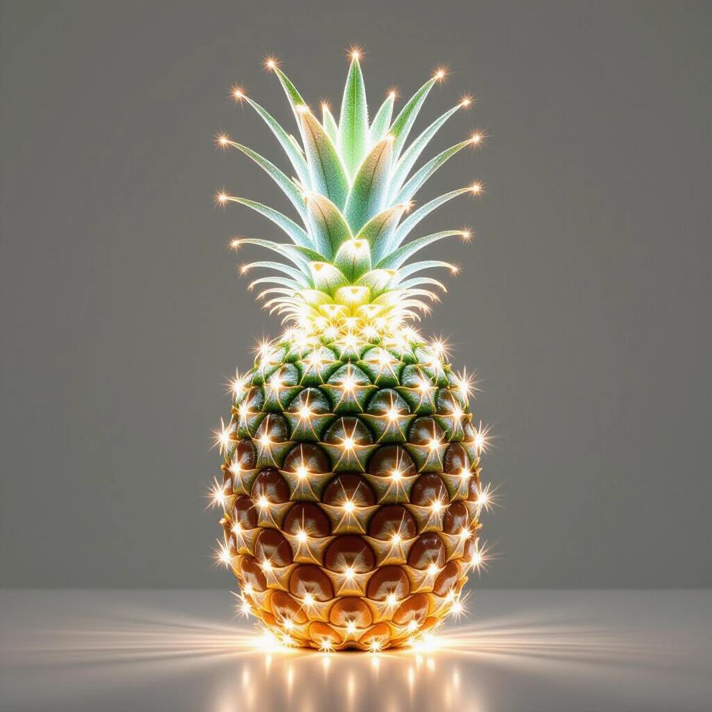 A pineapple created with radiant white light. Bright green leaves at the top. The body has a shining golden texture. Light emanates from the pineapple, casting a soft glow on the surface beneath it.