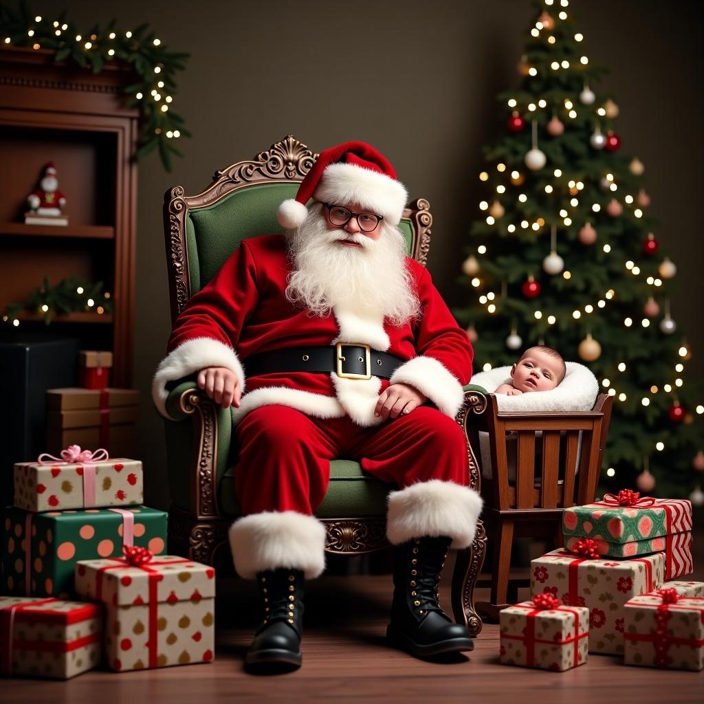 Santa Claus seated on a throne next to a decorated Christmas tree with presents surrounding him. An infant is sleeping in a crib beside him.