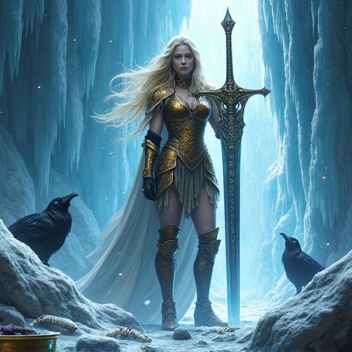 Valkyrie stands in an ice temple. Shining bronze and feathered armor. Long blonde hair in magical wind. Cold blue flame in her eyes. Huge sword with runes glows. Rock-cut star map behind her. Ancient artifacts at her feet. Silhouettes of explorers in fear. Sparks of magic in air. Mist forms ravens and wolves. Hyperrealism style with cold colors.