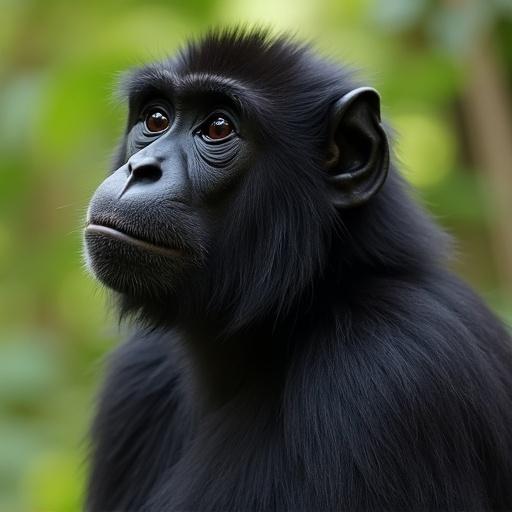 A portrait of a black monkey taken in a natural setting. The monkey is seen from a side profile, showcasing its ear and fur. The background is softly blurred with greenery, creating a focus on the monkey's features.