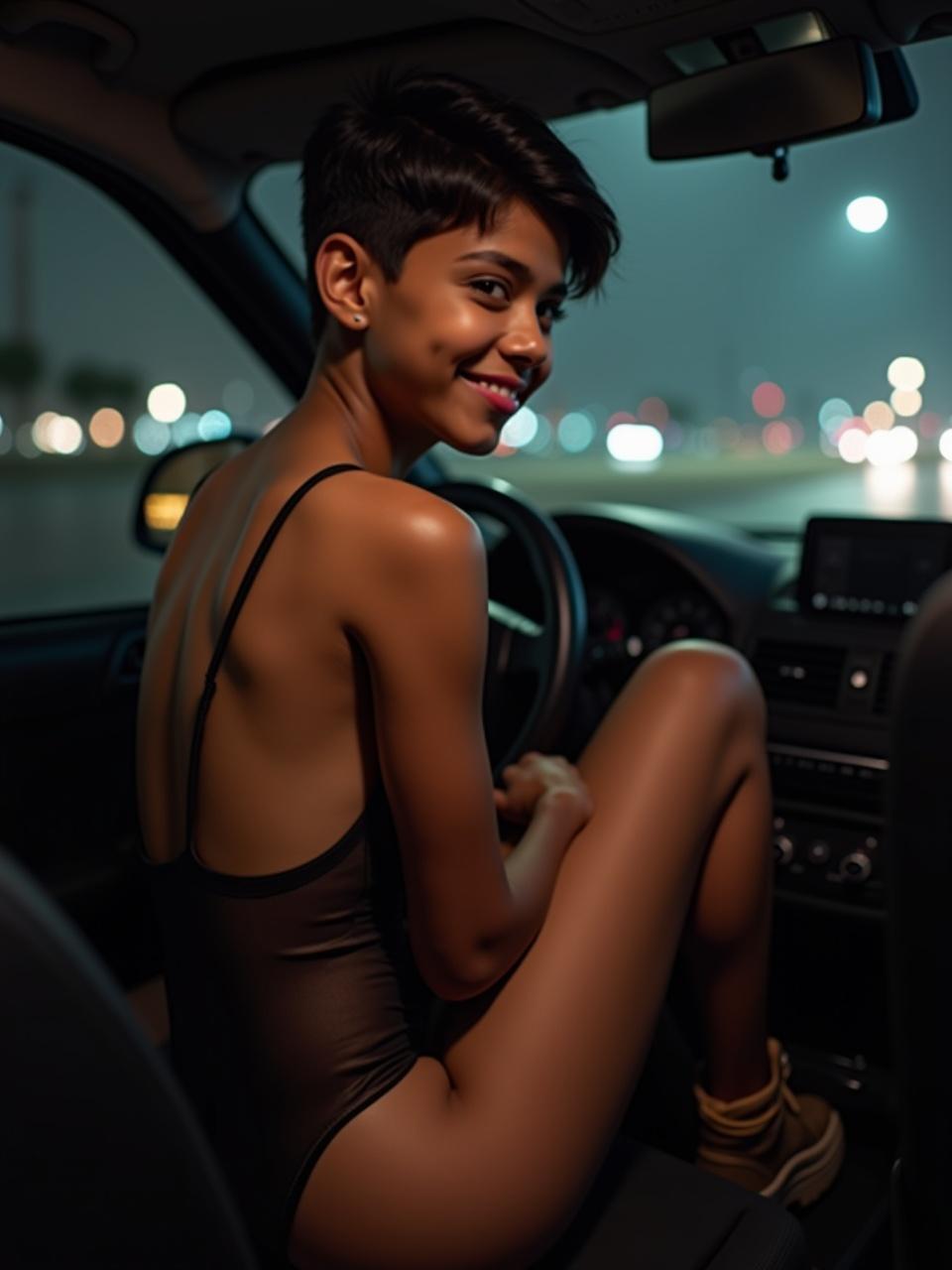 a young woman smiling while sitting in the driver's seat of a car at night, with city lights in the background creating a bokeh effect