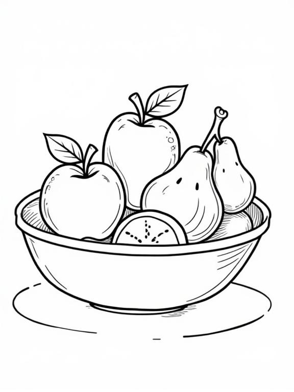 A simple, child-friendly coloring page suitable for kids ages 3 to 5. A cheerful bowl of fruit including apples, pears, and an orange. Thick, clear outlines. No shading or colors, only contours. Cartoon style, friendly and suitable for preschoolers.
