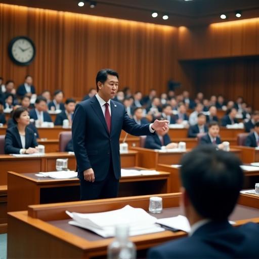 High-intensity parliamentary debate in South Korea National Assembly hall. Prime Minister Lee Jae-myung points at economic charts. Opposition lawmakers present. Digital screens show real-time voting data. Rapid press camera flashes occur. Dramatic motion blur captured. Shot with Sony α9 III at 120fps. 70-200mm f/2.8 GM lens. High ISO for photojournalistic authenticity. Mixed tungsten and fluorescent lighting. Sharp shadows on desks. Agitated water glasses with droplets on desks.