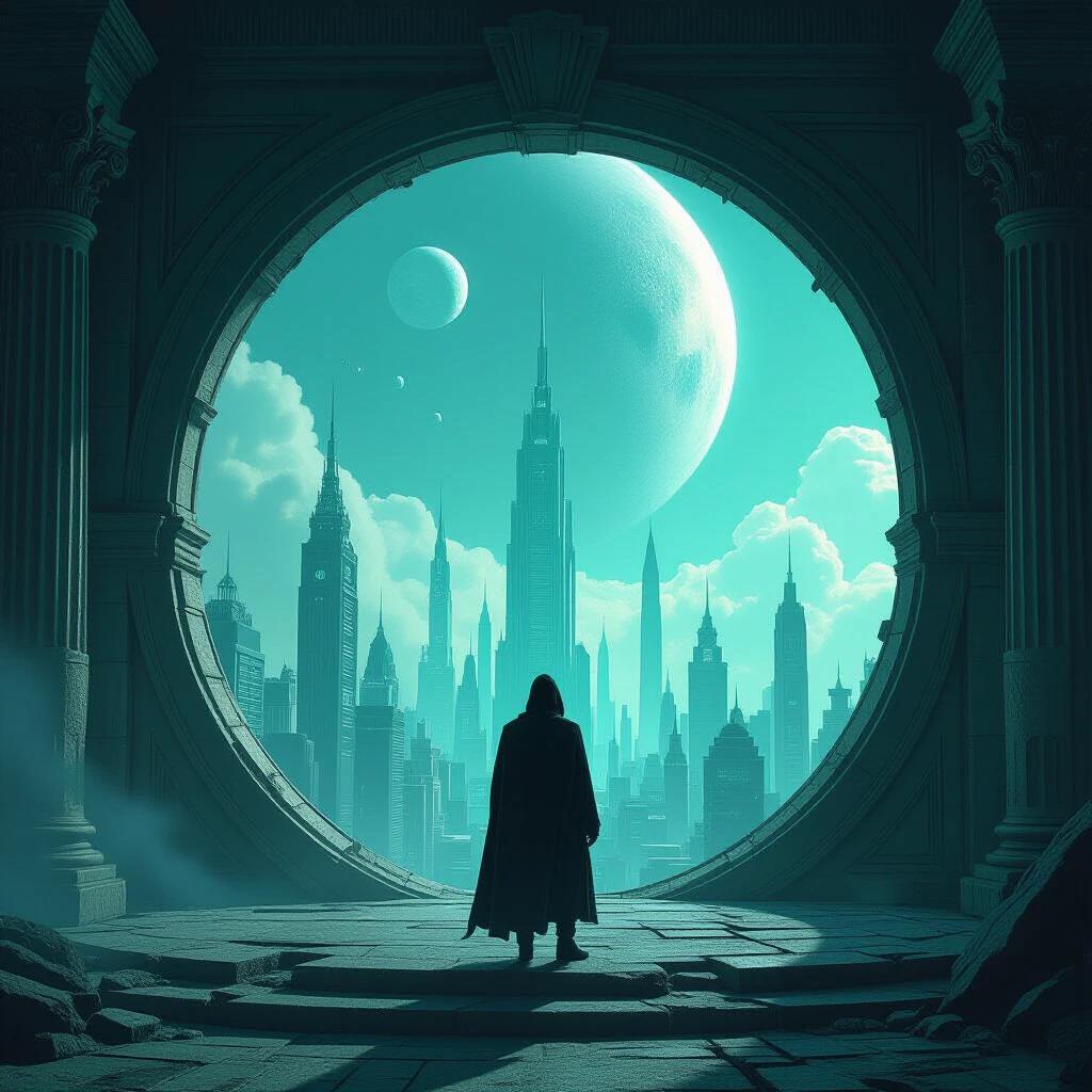 A dark hooded figure stands on a stone platform. The figure gazes at a futuristic city through a circular archway. The scene features ornate columns and a vibrant alien sky. Multiple moons and planets are visible in the background. The city is filled with towering skyscrapers and intricate architectural details. The color scheme consists of green and teal colors. The overall mood is contemplative and dreamlike.