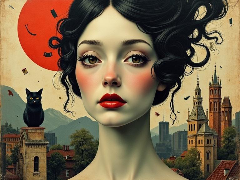 Surreal portrait of a woman with dark curls and striking red lips. Background features a mysterious cityscape with a large red sun. A black cat sits atop a building. Elements suggest memory and mystery.