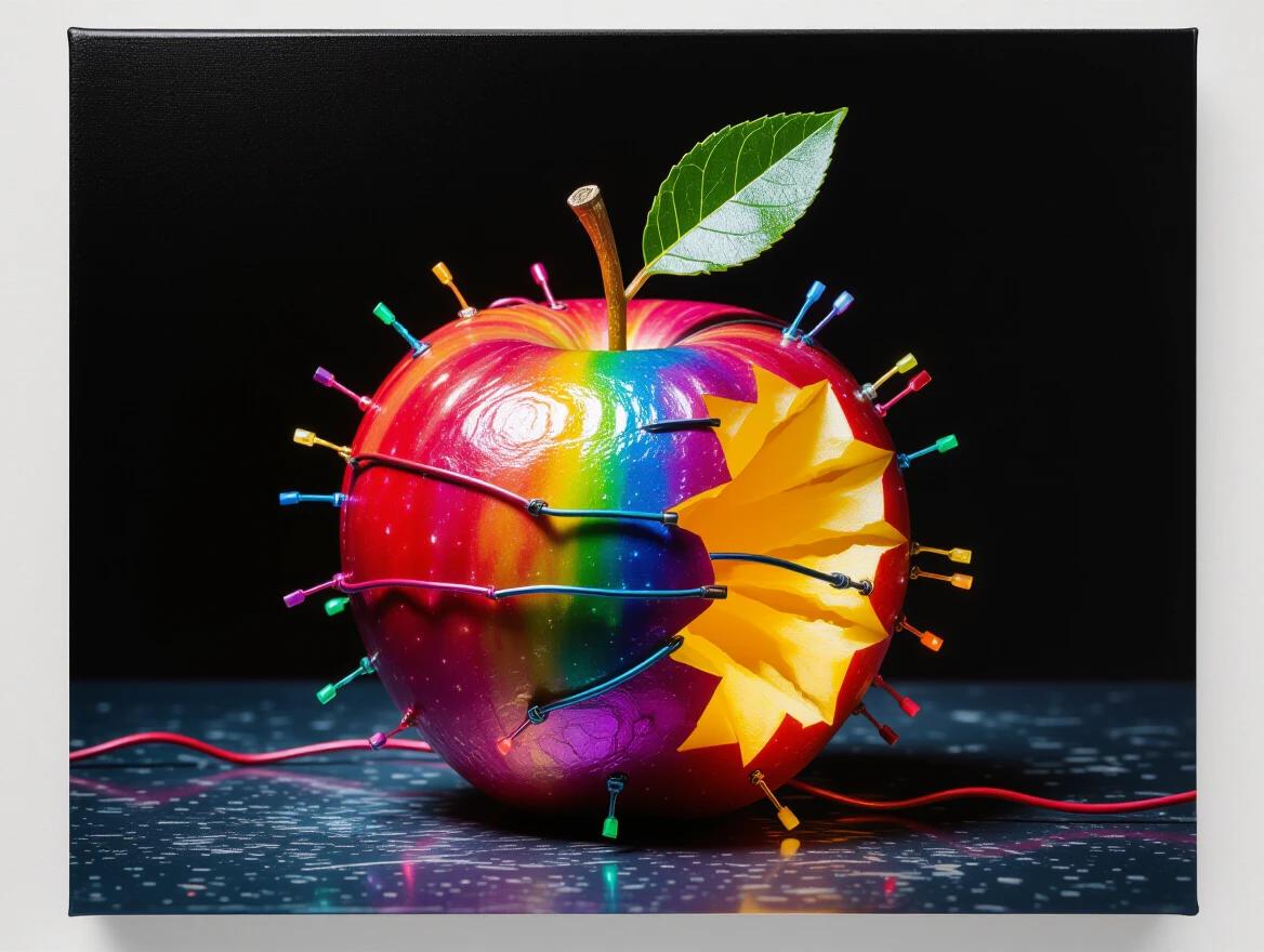 A bitten apple made entirely of colorful intertwined electric wires. Surreal conceptual art with dramatic lighting, isolated on a black background.