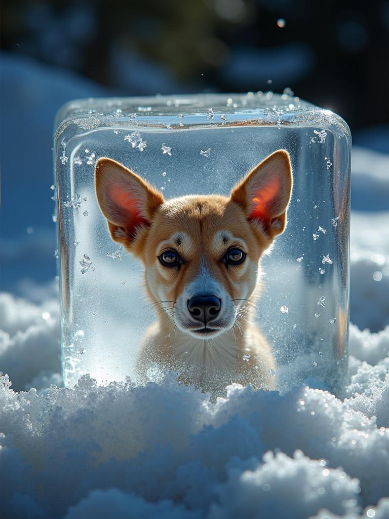 Photo depicts a dog's ears encased in a transparent ice cube resting on snow. Soft snowflakes surround the cube creating a wintery setting. Bright sunlight reflects off the ice surface enhancing the scene. The dog's ears are curious and playful, visible from the back.