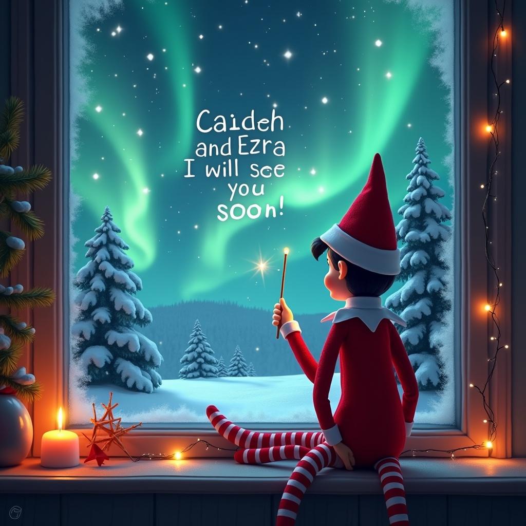 The image features an elf on the shelf with his back to the viewer, adorned in a red outfit and hat with striped legs. He gazes out a window into a magical Christmas night while using a wand to inscribe 'Caiden and Ezra, I will see you soon!' in the sky. The background showcases the stunning Northern Lights enhancing the wintry scene. Snow-covered trees are visible outside, creating a picturesque winter wonderland. The cozy room is tastefully decorated for Christmas, contributing to the festive atmosphere.