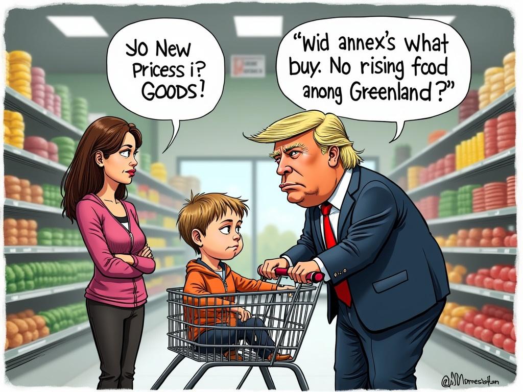 The cartoon depicts a humorous scene in a supermarket. A young child is sitting in a shopping cart, while a mother stands beside it looking unimpressed. Former President Trump, drawn with exaggerated features, is leaning towards the mother, seemingly trying to convince her of something. Trump is making a quirky offer about annexing Greenland, diverting attention from the rising prices of goods. The background shows shelves filled with colorful products, highlighting the setting as a grocery store.