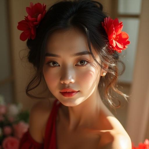 A serene woman poses in soft lighting with floral elements. Red flowers accent her hair and outfit. She exudes elegance and grace in the setting.