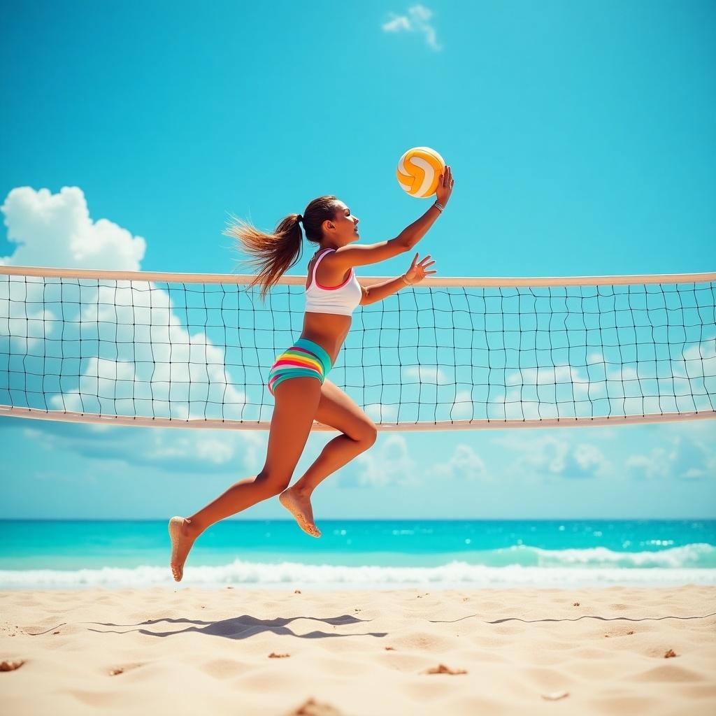 A woman plays volleyball on a sunny beach with a clear blue sky. She is jumping to hit the volleyball over a net. The scene is vibrant, showing the enjoyment of sports and outdoor activity. The beach setting highlights a relaxing summer day. The image captures energy, grace, and athleticism.