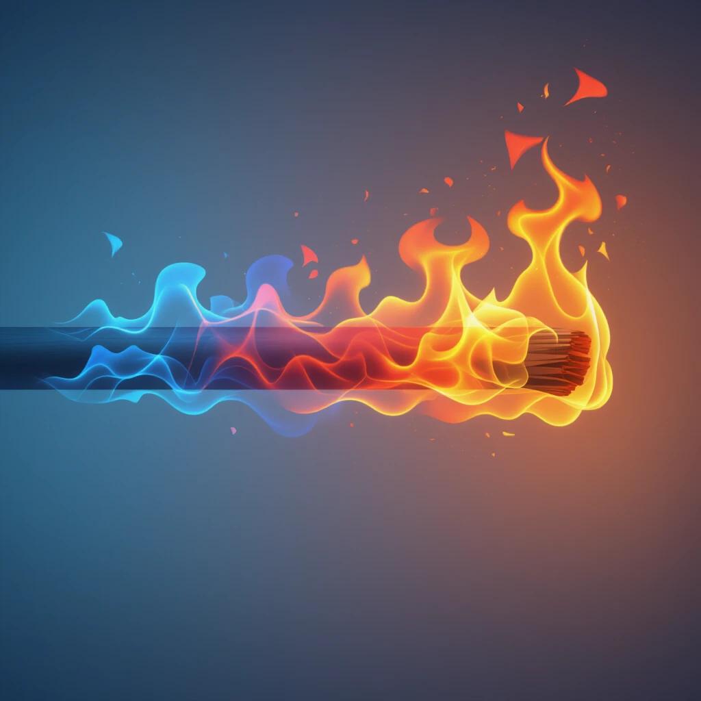 Horizontal bar with blue on left and red on right. Right side appears to burn with vivid flames. Background is simple to emphasize colors and heat effects.