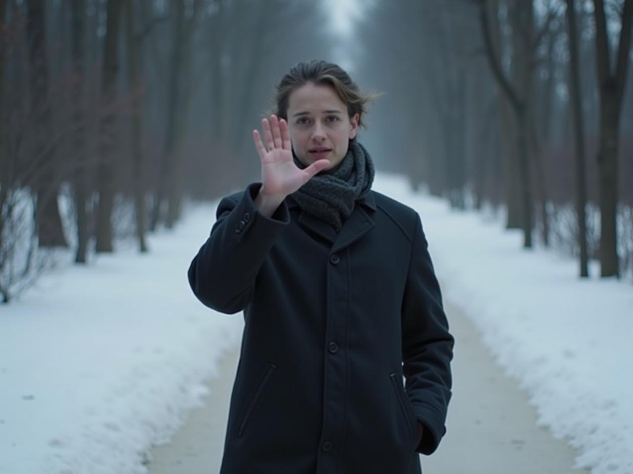 The image shows a person standing outdoors in a snowy setting. The trees around are bare, indicating it is winter. The person is wearing a warm black jacket and a scarf, suggesting cold weather. They are making a gesture with one hand that seems to indicate a warning or a request for silence. The background is soft-focused, highlighting the snowy path ahead. Overall, the scene conveys a chilly atmospheric feeling.