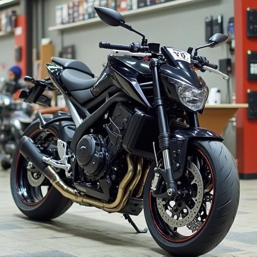 Motorcycle inspired by AKIRA's design displayed indoors. The bike features bold contours and a sleek finish. It has a matte black body with dramatic lighting accentuating its features. There are elements in the background indicative of a motorcycle dealership.
