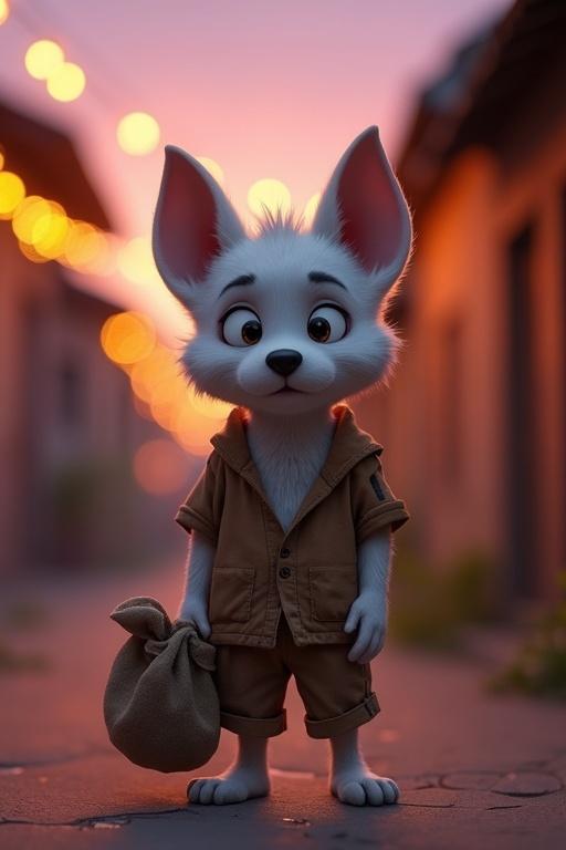 A small white anthropomorphic puppy stands alone on a village street at dusk. Tattered brown shirt and shorts hang loosely. Patchy and slightly dirty white fur, bright eyes. Clutching a worn-out sack. Blurred village lights in warm oranges and purples in the background. 9:16 frame with emotional depth.