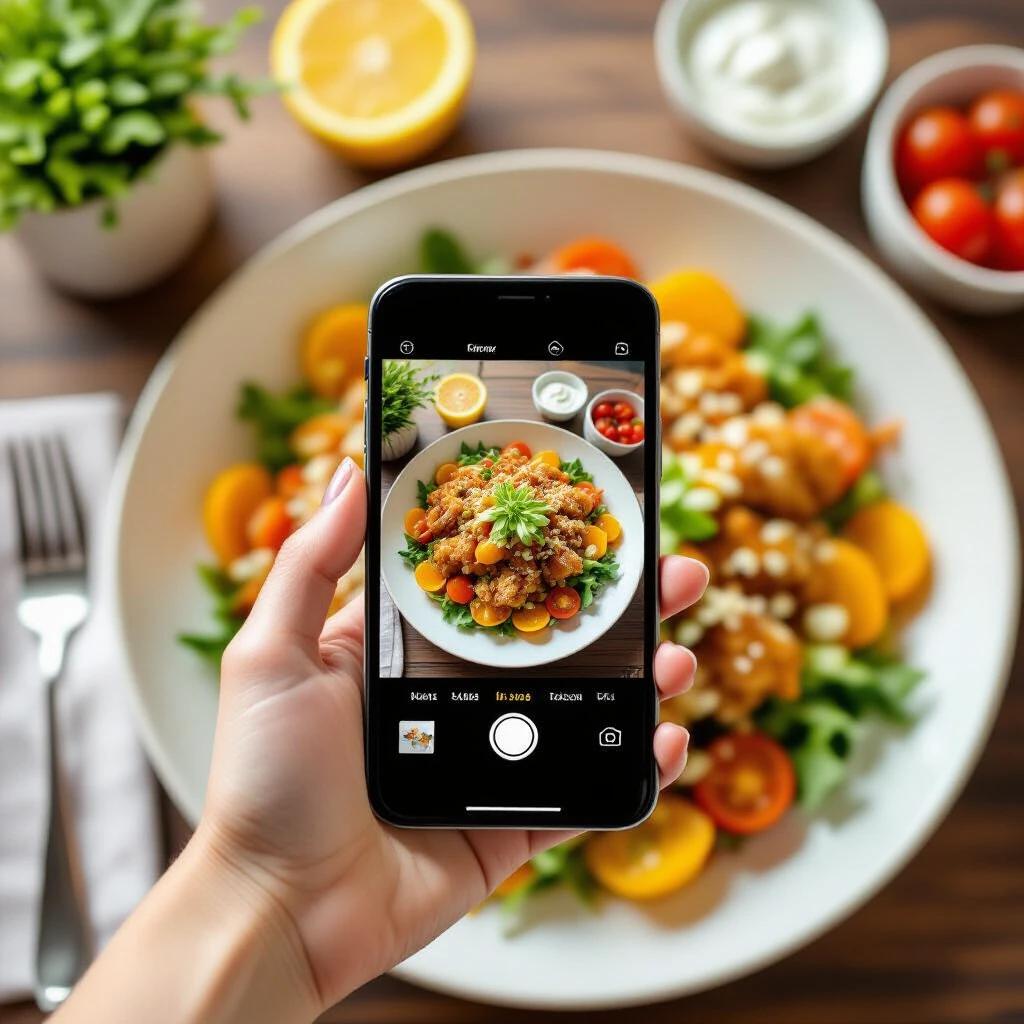 Realistic hand holding smartphone. Smartphone takes photo of delicious meal on table. Food arranged beautifully with vibrant colors. Image shows top-down perspective from phone screen. Shallow depth of field is applied. Modern background complements the scene. Natural lighting enhances the food photography style.