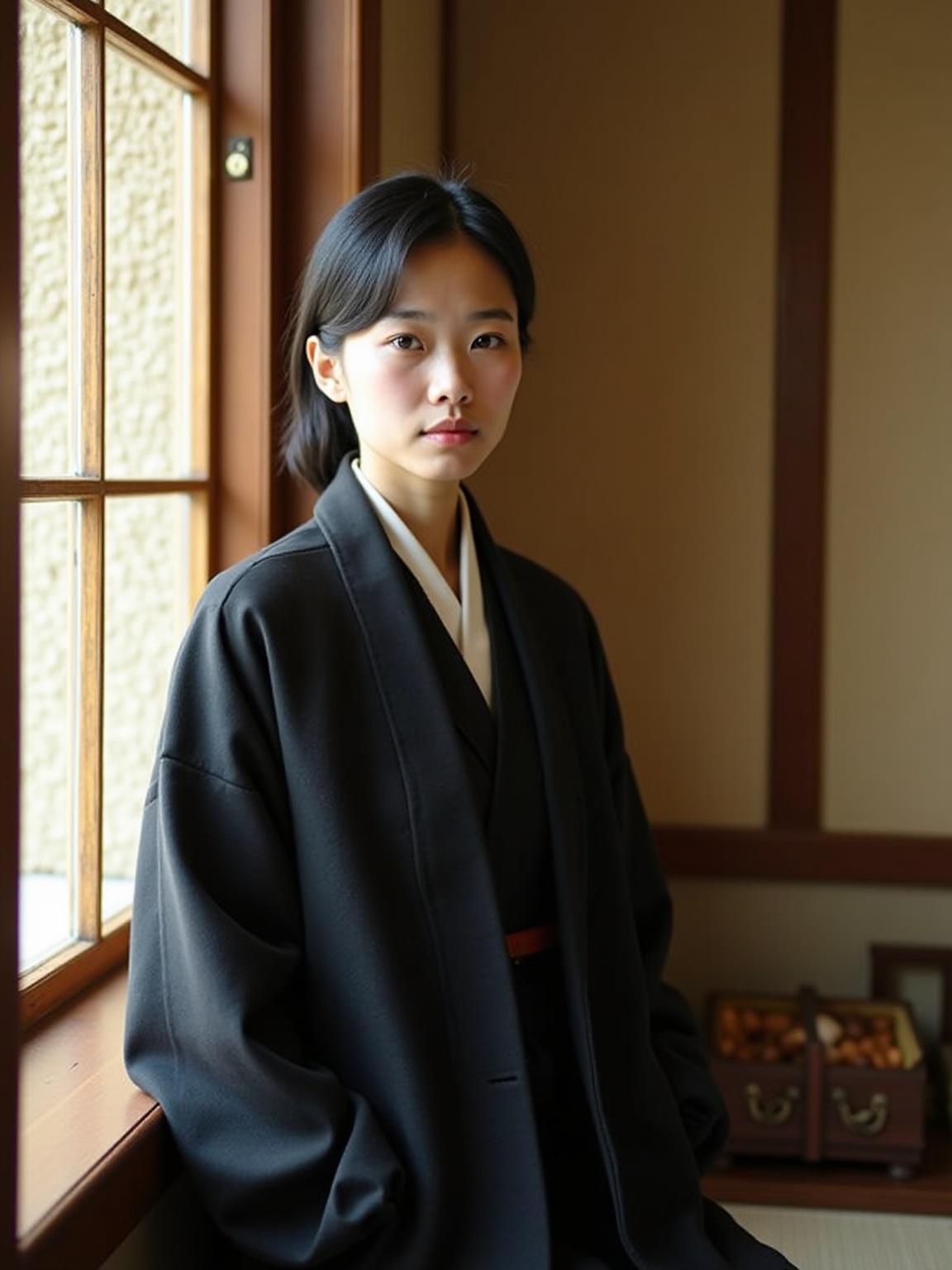 Asian woman wearing a black coat stands by textured beige walls under warm lighting. Young Japanese woman has soft decor and a peaceful expression, sitting near a window