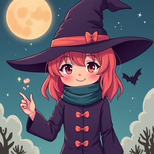 A cute anime witch smiles cheerfully while wearing a black hat and orange bows. The background shows a full moon and a bat. Her hair is a bright shade of orange. She points with a friendly gesture.
