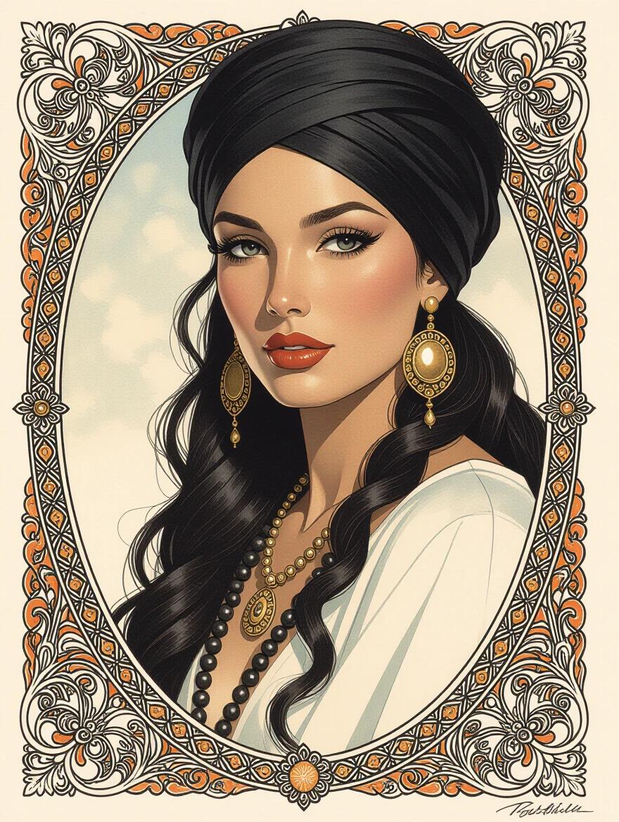 Portrait of a woman wearing a black turban and traditional jewelry. The artwork showcases intricate details with a focus on ethnic attire and accessories. Decorative border frames the subject. Rich colors and elegant style depict heritage and culture.