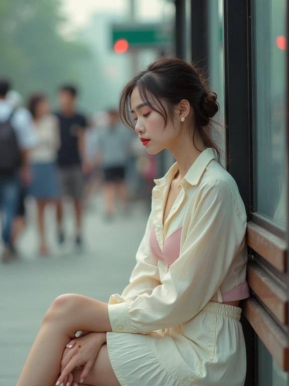 A woman sits peacefully at a crowded bus stop. She has hair tied up and wears high heels. Her outfit includes a light cream skirt and a light pink t-shirt. Crisp collar unbuttoned shows partial bra. Eyes closed, mouth slightly open, fair skin and curved lips. The atmosphere feels tranquil and intimate. Visible lens dust and film grain add nostalgia.