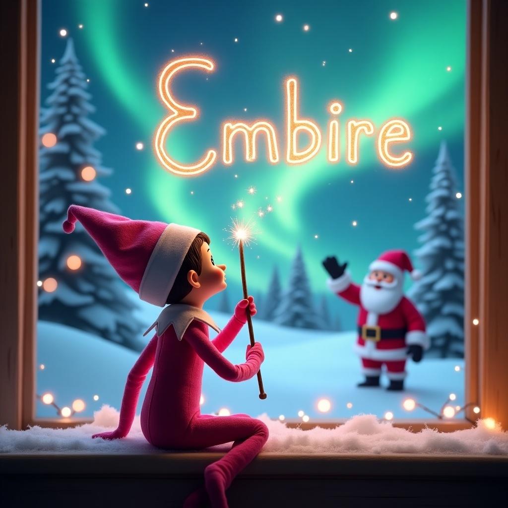 A whimsical scene features an elf sitting with their back to the viewer, gazing up at a magical sky filled with northern lights. The elf holds a wand and is using it to create the letters 'Embire' in sparkling light above them. Behind, a beautiful winter landscape unfolds, complete with snow-covered ground and pine trees. In the distance, Santa Claus waves cheerfully, spreading holiday joy. The warmth of the scene evokes feelings of wonder and magic associated with the Christmas season. This charming image encapsulates the spirit of festive delight.