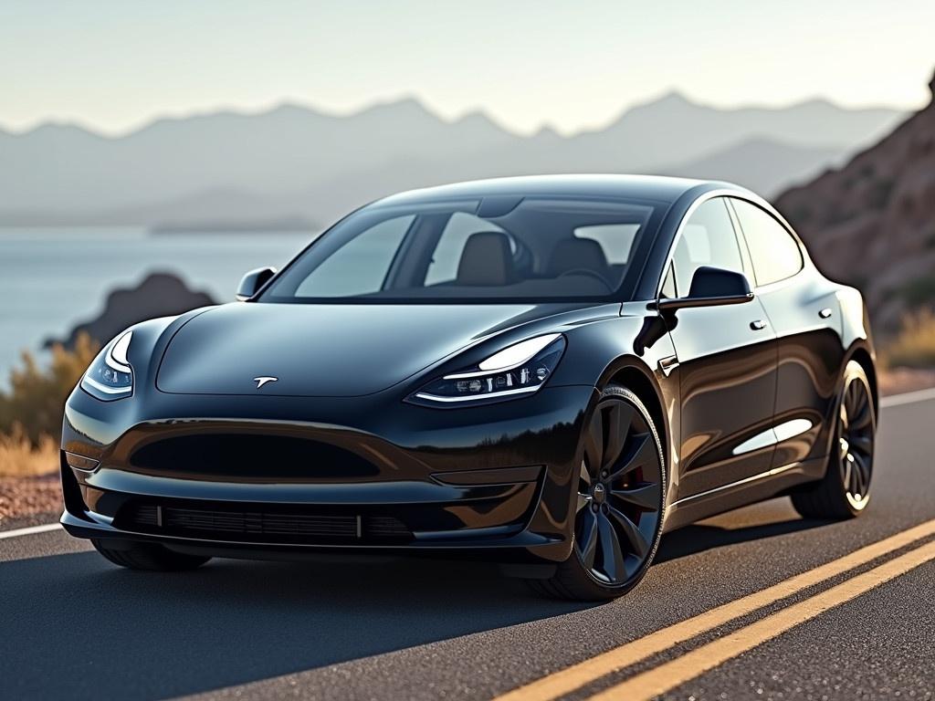 High-quality image of a black Tesla Model 3 parked on a scenic road with mountains in the background. The car is captured during golden hour showcasing its sleek design.