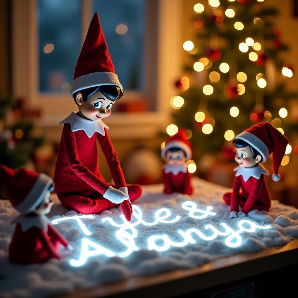 Elf writes names Tyler & Alanya in illuminated snow. Smaller elves watch excitedly. Cozy Christmas tree in background. Festive holiday spirit captured in scene.