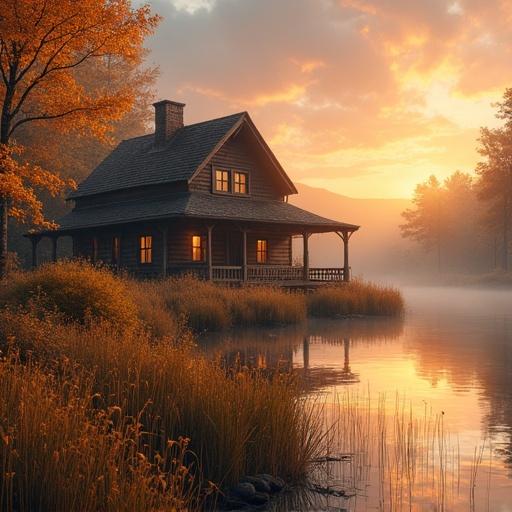 Rustic wooden cabin glowing at sunset surrounded by tall grasses and golden autumn trees beside a quiet lake. Fantasy realism style with oil paint texture and scenic composition. Gentle mist and reflections. Soft lighting and layered foliage. Glowing water reflections and subtle brushstroke edges.