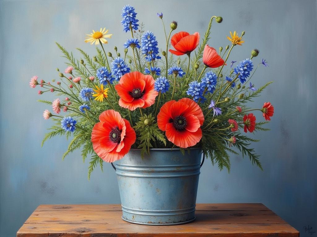 A zinc bucket holds a wildflower bouquet on a wooden table before a blue-gray backdrop. The arrangement features vibrant red poppies and delicate blue cornflowers, creating a natural and cheerful ambiance. The artwork is an oil painting, reflecting a style that exudes beauty and simplicity.
